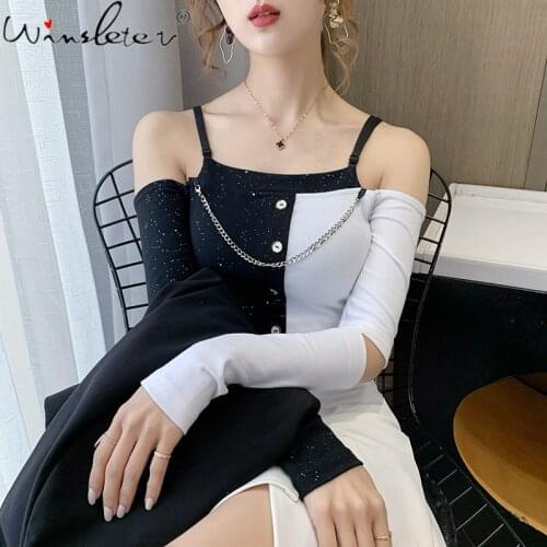Spring Fall European Clothes T-Shirt Fashion Sexy Camis Patchwork Shiny Button Women Tops Long Sleeve Chain Tees 2021 T17732A