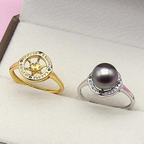 Green Stone Fashion Pearl Ring Mountings Findings, Adjustable Ring Jewelry Parts Fittings Charm Accessories Silver Jewellery
