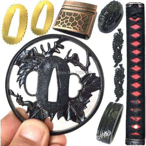 Nice Leaf Theme Iron Guard Fittings for Samurai Katana/Wakizashi/Tanto Metal Crafts Set Tsuba+Menuki+Fuchi+Kashira+Habaki+Seppa