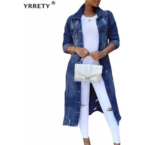 YRRETY Autumn Winter Women Hole Jacket Harajuku The Denim Coat Loose Long Sleeve Female Large Size Turn-Down Collar Button Tops