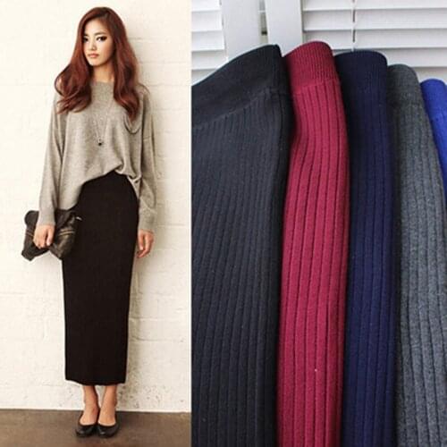 2019 Women Knitted Skirt Autumn Bottom Clothes High Waist Pencil Skirts Elastic Waist Split Maxi Skirt for Female