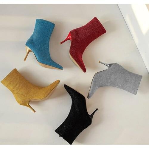 2021 Stretch Leather Boots Thin High Heels Shoes Pointed Toe Women Boots Autumn Winter Solid Color Ankle Boots Size 45 46 47