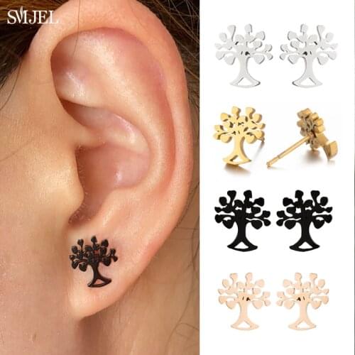 Bohemian Stainless Steel Plant Tree Earrings for Women Black Round Life Tree Flower Stud Earrings Party Birthday Gift pendientes