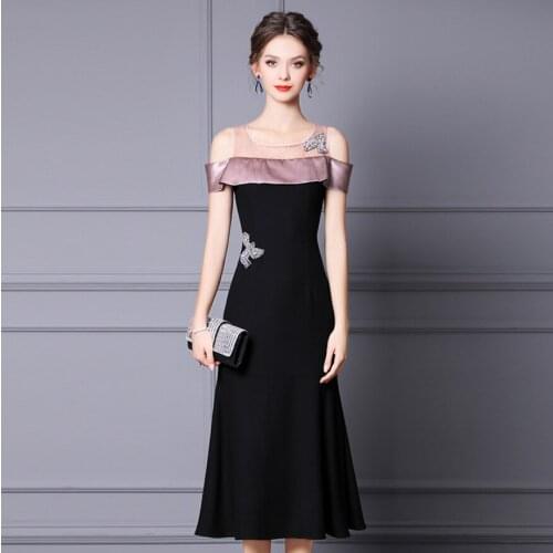 Ladies Summer Formal Pink Black Diamond Gauze Dress Long Sweet Lace Fashion Trumpet Womens Color Contrast Slash Neck OL Mermaid