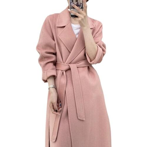 2021 Spring Women Double Woolen Coat Turn Down Collar Long Wool Coat Pink Color Women Cashmere Coat Casaco Feminino
