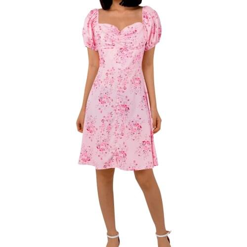 Ladies Summer Low-cut Dress 2021 Summer Women Leisure Style Temperament Floral Printing Puff Sleeve Backless Zipper Short Dress