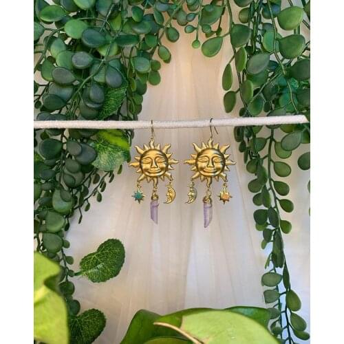 Star, Sun and Moon Universe Quartz Earrings, Magical Crescent Moon, Star and Sun Dangle Earrings,Universe Jewelry