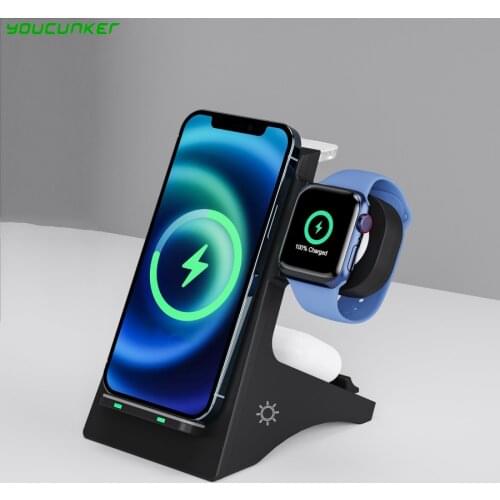 4 in 1 Wireless Charging Dock for Apple Watch 6 5 4 AirPods Qi 15W Fast Charger Station with Adjustable Lamp for iPhone 12 11 XS