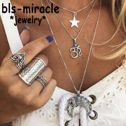 Bls-miracle Boho Moon Star Shape Green Stone Multi layer Necklaces 2019 For Women Necklaces & Pendants Vintage Jewelry