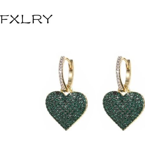 FXLRY Heart Pendant Cubic Zirconia Stone Earrings For Women Elegant Drop Earring Girl CZ Fashion Party Jewelry