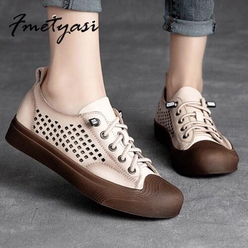 Fmetyasi Leather Sneakers Women Hollow Casual White Shoes Summer Breathable Rubber Shoe Flat Walking Shoes Retro Vulcanize Shoes