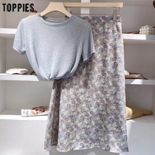 Toppies 2021 summer two piece set womens short sets cotton linen tops + chiffon skirts floral printing
