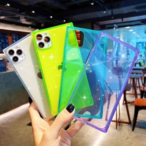 Square Cell Phone Case For iPhone 12 Mini 12 11 Pro Max or Phone 7 8 Plus SE 2020 X XR XSMax Flash Powder Clear Shockproof Cover