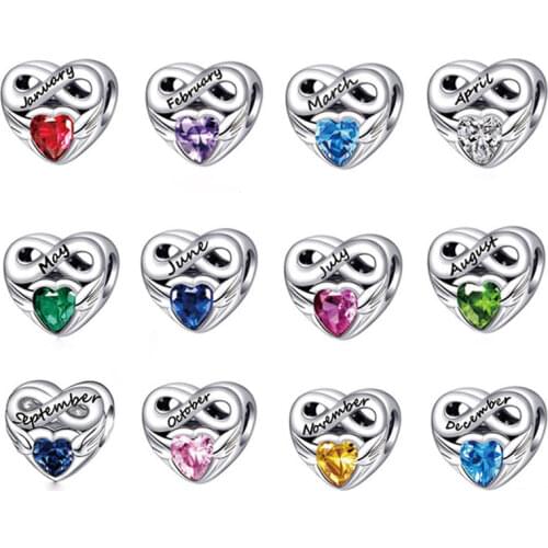 Hot Sale 925 Sterling Silver Pendiente Colorful Heart Crystal Month Charms Bead Fit Original Pandora Bracelet Collar Jewelry