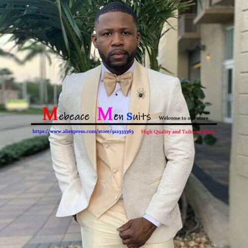 Elegant Pant Design Beige Men Suits Tailor-Made Tuxedo 3 Pieces (Coat+Vest+Pants)Shawl Lapel Wedding Party Suit Groom Costume