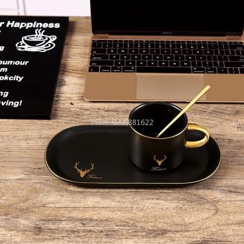 European Luxurious Gold Rim Ceramics Coffee Cups and Saucers Spoon Sets with Gift Box Tea Soy Milk Breakfast Mugs Dessert Plate