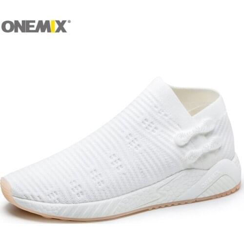 ONEMIX White Running Shoes Men Breathable Knitted Vamp Durable Light Sneakers Rubber Outsole Man Comfortable Casual Sneakers