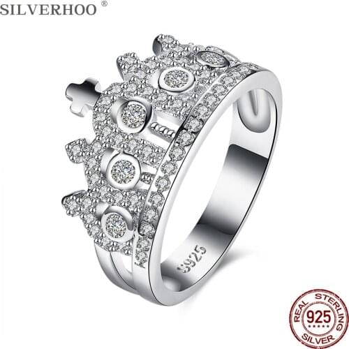 SILVERHOO Genuine 925 Sterling Silver Engagement Rings For Women Shiny Cubic Zirconia Crown Finger Ring Luxury Silver Jewelry