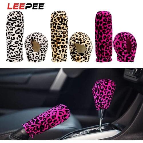 LEEPEE 2 piece/set Universal Anti-Slip Leopard Plush Handbrake Grips Car Gear Shift Collars Car-styling Interior Accessories