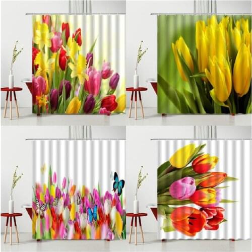 Spring Natural Scenery Shower Curtains Tulip All Bathroom Decoration Photography Background Floral Curtain 180X180