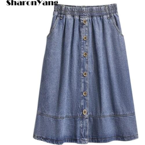 Knee Length Denim Skirt Women Streetwear Casual Elastic High Waist A-Line Jeans Skirt for Women Plus Size 4XL 5XL 6XL 65-150Kg