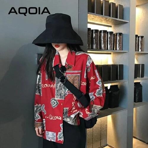 2021 Spring Street Style Oversize Womens Shirt print Loose Ladies Blouse Long Sleeve Red Ladies Button Up Female Clothing
