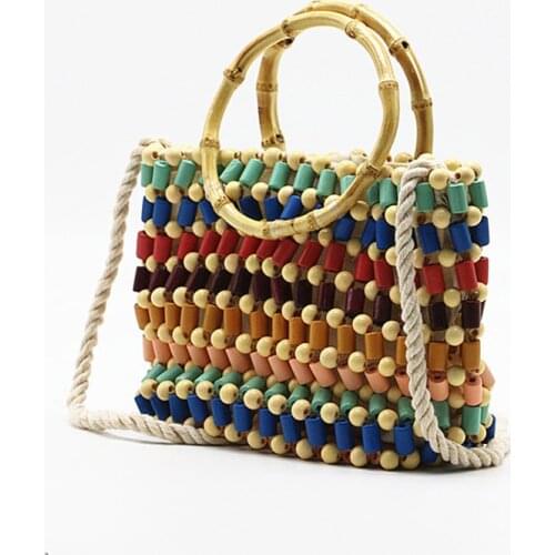 Colorful beads woven handbag hand women pearl shoulder bag straw Crossbody bag women high-end fashion wood small handbag C265689