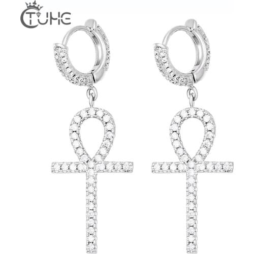 Full Of Crystal Cross Earrings Silver Color For Women Men Trend Jewlery Iced Out Cubic Zircon Fashion Style Part Accessiories