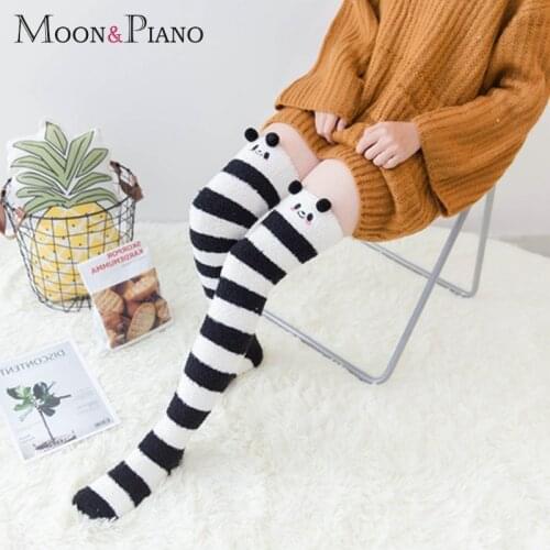 Women Winter Warm Coral Cotton Stockings Striped Long thigh high Girls Animal Modeling Cute Lovely cartton home Thick Stocking
