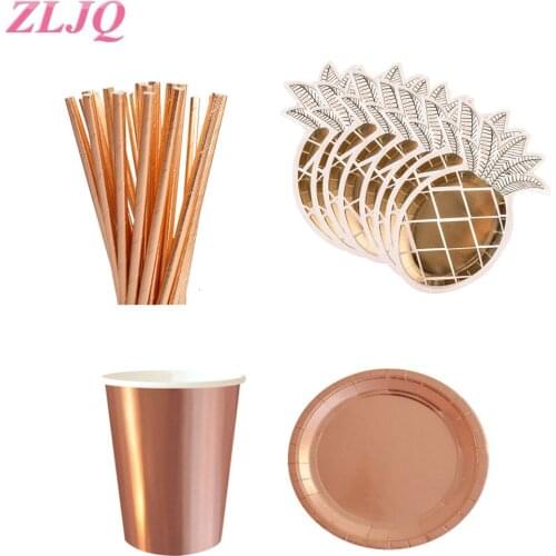 ZLJQ 8PCS Gold Foil Pineapple Paper Plates Rose Gold Disposable Cups Tableware Set for Luau Hawaiian Birthday Party Decoration