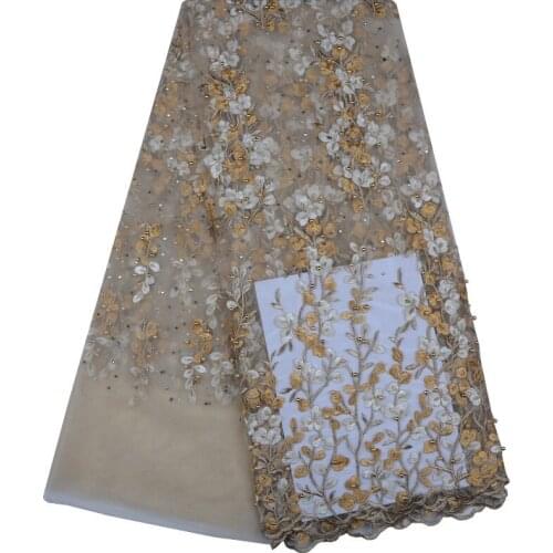 2019 Latest Gold African Lace Fabric French Net Lace Fabric High Quality African Beaded Tulle Fabric French Lace Fabric S1103