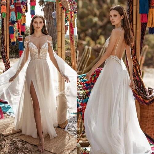 2020 Wedding Dresses With Wrap Cape Spaghetti Lace High Split Bridal Gowns Chiffon Skirt Custom Made Flowing Boho Wedding Dress