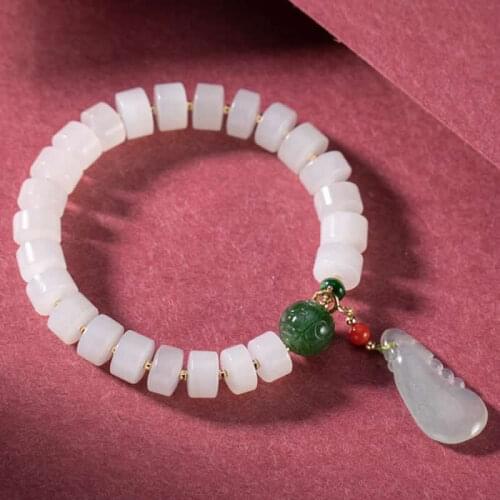 Pure 18K Gold Bracelet Natural Hetian Jadeite Beads Bracelet Vintage Ruyi Bracelet