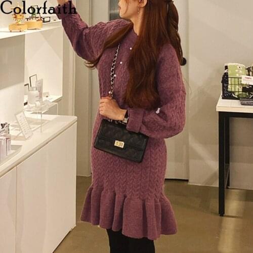 Colorfaith 2020 New Autumn Winter Woman 2 Piece Sets Skirt and Top Set Mermaid Oversize Warm Knitted Elegant Lady Suits WS1074JX