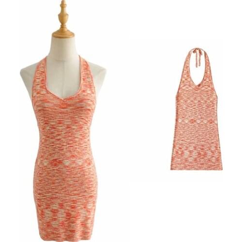 European and American Bloggers Street Shooting Sexy Slim Neck Lace-up Dress Summer Womens Knitted Halter Bag Hip Skirt DLQZ1875