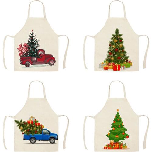 Red Truck Christmas Tree Pattern Kitchen Apron for Women Home Cooking Baking Coffee Shop Cotton Linen Cleaning Aprons WQT319