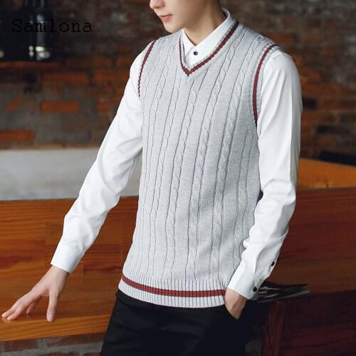 Men Autumn Winter Sweater V-neck Sleeveless Vest Smart Pullovers Slim Knitted Sweater Plus Velvet Kpop Student Man Clothing 2021