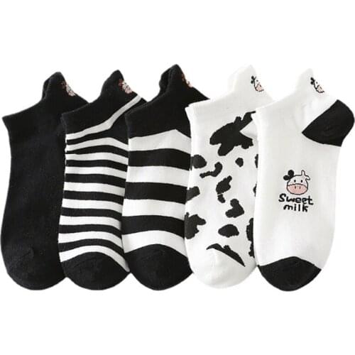 MXMA 5 Pairs Novelty Cartoon Cow Animal Print Low Cut Boat Socks Women Girls Black White Casual Summer Cotton Tab Back Ankle