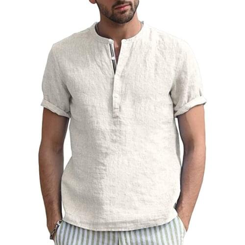 New Mens Summer Casual Blouse Cotton Linen Shirt Loose Tops Short Sleeve Tee Shirt Spring Casual Handsome Solid Male Shirts 4