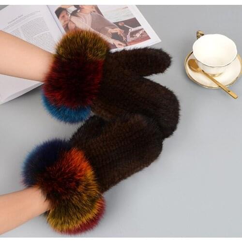 IANLAN Luxury Real Fur Gloves for Women Knitted Mink Fur with Fox Fur Wrist Mittens Winter 100% Handmade Solid Gloves IL00216