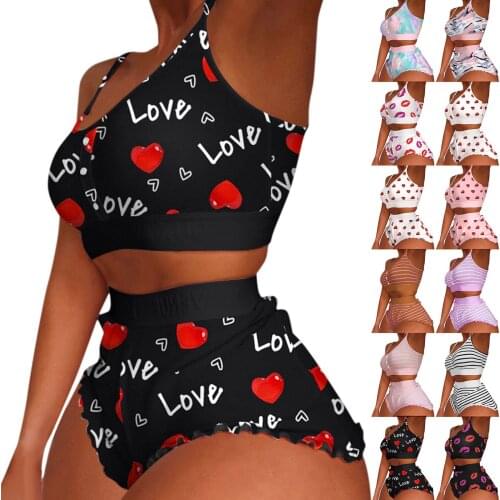 Sexy Straplees Women Pajama Set Short Printing Sleeveless Lingerie Sleepwear 2021 Fashion 2 Pieces Lenceria Sensual Mujer Pijama