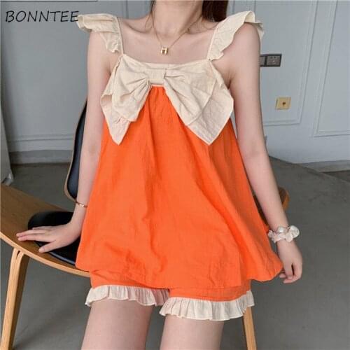 Pajama Sets Women Simple Sleeveless Leisure Chic Korean Style Ruffles Bow Fashion Spliced Loose Retro Slim Kawaii Elastic Waist