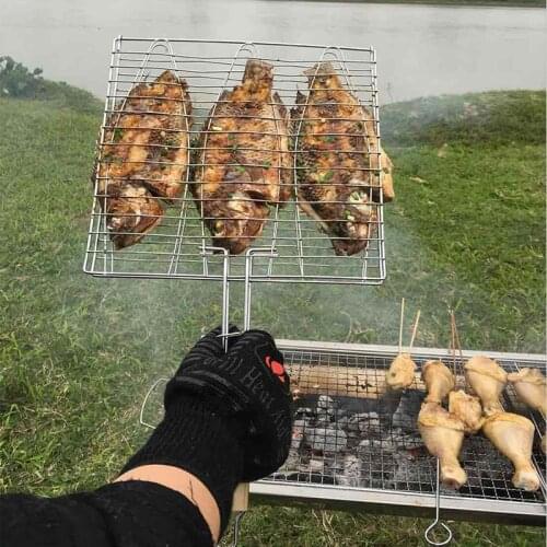 BBQ Grilling Mesh Net Non-stick Trip Fish Grill Basket Wood Handle BBQ Roasting Rack Metal BBQ Accessories Barbecue Tool set