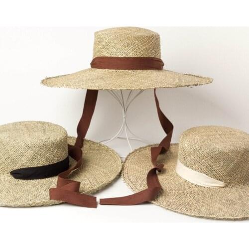 Womens Summer Hat Sun Protection Cap Female Breathable Flat Top Wide Brim Hat Ribbon Straw Hat Beach Sun Hats With Chin Strap