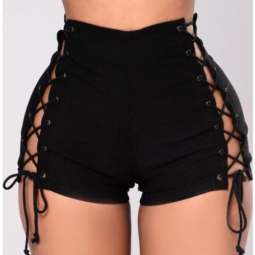 Summer Fashion Sexy Lace Up Denim Shorts Women Mid Waist Side Eyelet Bandage Shorts Ladies Mini Skinny Party Club Shorts