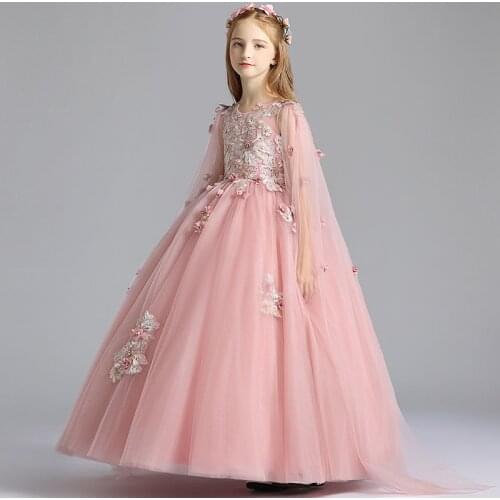 Flower Girl Birthday Banquet Beads Appliques Dress Elegant Girls Wedding Dress Long Pink Tulle Girl Dress First Communion Gown