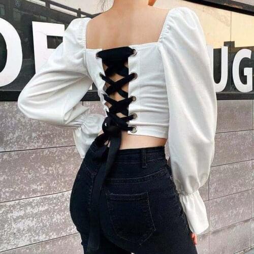Vintage Blouse Women Sexy Off Shoulder Top Backless Lace Up Cropped Shirt Long Sleeve Casual Chiffon Tee Shirts Club Party