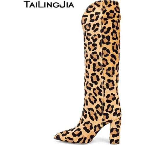 Leopard Knee High Boots for Women Pointed toe Faux Horse Hair Sexy Ladies Fashion Dress Chunky Heel Winter Long Boot Big Size