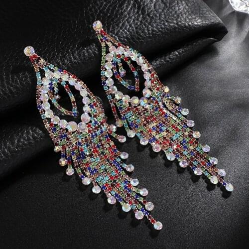 Colorful Full Rhinestone Vintage Tassel Drop Earrings For Women Multilayer Crystal Long Metal Chain Dangle Earring Jewelry E647