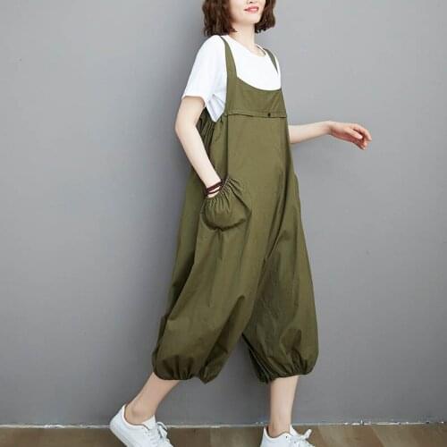 2021 Plus Size Women Rompers Two Wear Solid Midi Dress Loose Pocket Sleeveless Summer New Ladies Vintage Strap Bloomers Jumpsuit